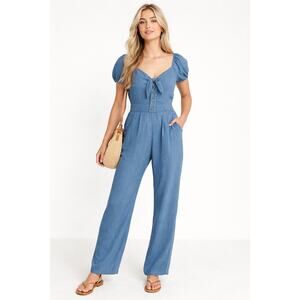 Abercrombie Blue Wide Leg Jumpsuit Tie Front Petite Boho XS Summer
